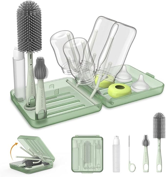 Travel Bottle Brush, Travel Bottle Cleaner Kit with Bottle Drying Rack, Transparent Green