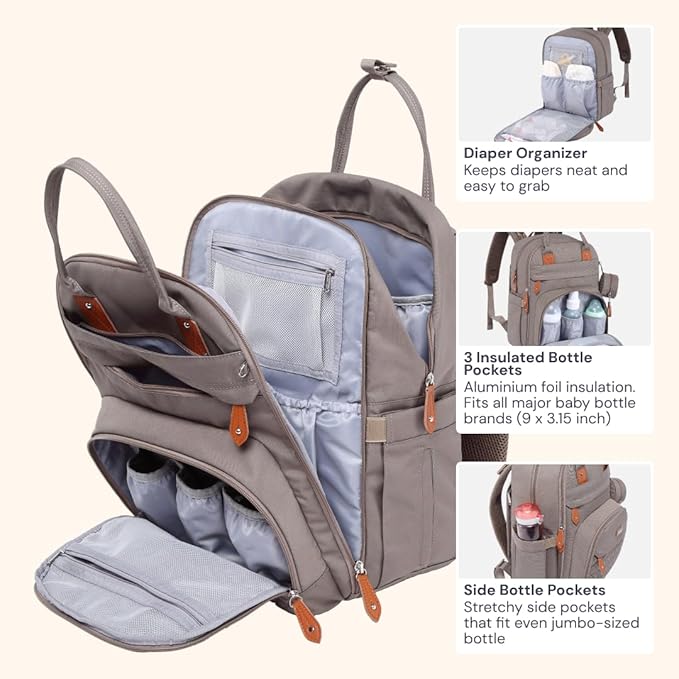 BabbleRoo Diaper Bag Backpack - Baby Essentials Travel Tote - Multi Function Waterproof Diaper Bag, Travel Essentials Baby Bag with Changing Pad, Stroller Straps & Pacifier Case - Unisex, Khaki