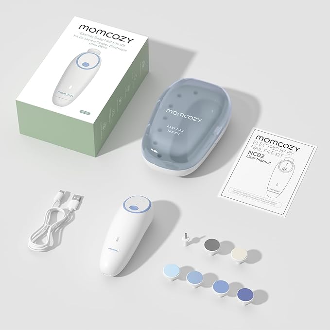 Momcozy Baby Nail File Electric, Rechargeable Baby Nail Clipper, Gentle Baby Nail Trimmer Electric with Night Light, 7 Grinding Head Replacement Pads, Blue