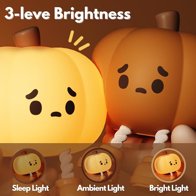 Pumpkin Night Light: Cute Pumpkin Decor Silicone Rechargeable Night Lamp with 3 Level Dimmable Bedside Lamp Halloween Night Light Nursery Nightlight Dorm Decor, Funny Gift Cool Gadgets for Kids