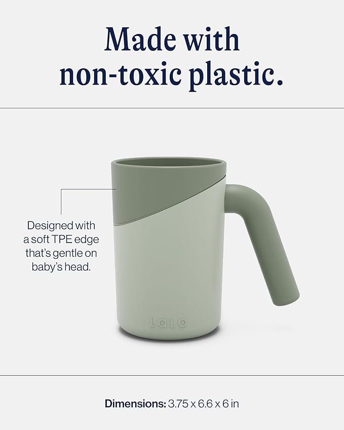 Lalo Bath Rinse Cup - Handle for Easy Grip, Tear-Free Baby Bathing, Flexible Lip, Non-Toxic, Soft Edge, Lightweight Bath Cup For Rinsing Hair and Body - Sage