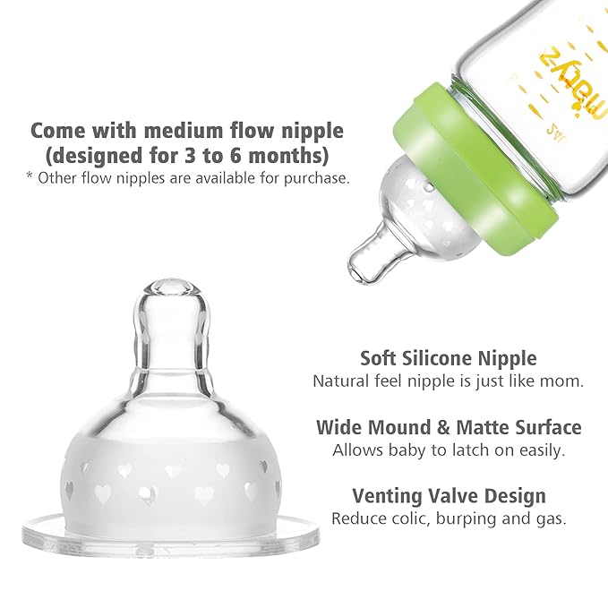 Matyz Glass Breastmilk Baby Feeding Bottle with Nipple, 2 Pack, 8 oz Slim and Light Bottle Easy to Hold, Food Grade Borosilicate Glass, Wide Neck Easy to Clean, No BPA (Green Lids)