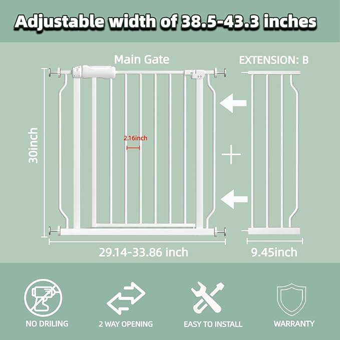 TSAYAWA Extra Wide Baby Gate with Door,38.5-43.3 Inch Walk Through Large Long Child Gates for Stair Doorway - Indoor TSAYAWA Outdoor Safty Gate for Toddler Pet Dog Doggie White