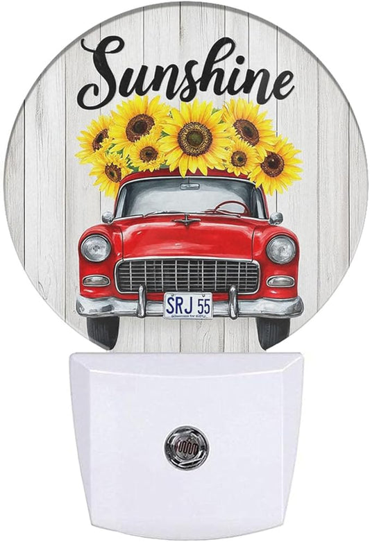 EKOBLA Autumn Harvest Night Light Red Car Truck with Sunflowers Plug in Nightlights Dusk to Dawn Sensor LED Lighting for Bedroom Bathroom Stairway Kitchen Home Decor