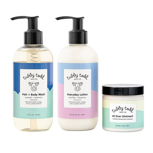 TUBBY TODD 3-Step Baby Bath & Skincare Routine - The Regulars Bundle - 8.5oz Baby Shampoo and Body Wash, 8.5oz Everyday Lotion & 3.5oz All Over Ointment - Lavender Rosemary