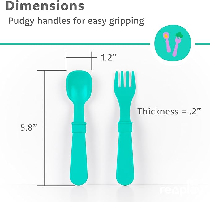 Re-Play Toddler Forks and Spoons Set - 4x4 Utensils Set for Kids - Dishwasher and Microwave Safe - Made in USA - Pack of 8-5.8" x 1.2" x 0.2" - Modern Mint