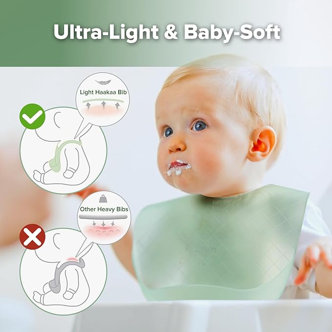 haakaa Lightweight Silicone Pocket Bib – Ultra-Light & Foldable Travel Silicone Baby Bibs with Deep Food Catcher Pocket, Adjustable Waterproof Design, Baby Feeding Essentials