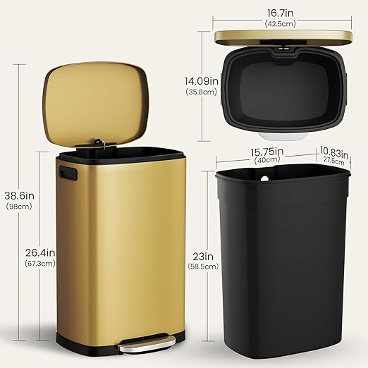 ELPHECO Kitchen Trash Can with Lid Soft Close, 13 Gallon / 50L Stainless Steel Pedal Garbage Can, Heavy-Duty Step Wastebasket with 20 Bags, Removable Bucket, Home Office, Kitchen, Titanium Gold
