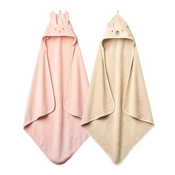 Baby Hooded Towel – Organic Cotton Baby Bath Towels, 32" x 32" Super-Soft and Absorbent Baby Towels for Newborn 2-Pack (Rabbit Blush/Bear Fog)