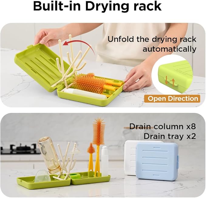Travel Bottle Brush with Portable Bottle Drying Rack, Baby Bottle Brush for Baby Travel Essential, Green