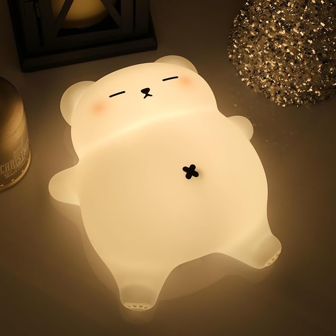 Bear Night Light for Nursery, Rechargeable Soft Silicone Baby Night Lamp with 3-Level Dimming, Touch Control, 30-Min Timer & Soothing Snore Sound, Moving Tummy, Cute Sleepy Bear Kids Bedroom Decor