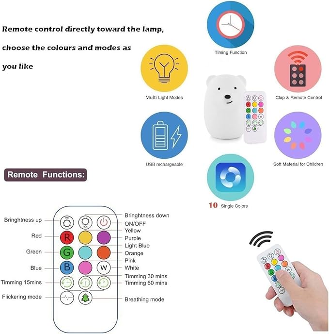 Night Light for Kids, Bedside Lamp for Children, Baby Nursery Lamp for Breastfeeding Safe, Break Resistant, Eye Caring, Adjustable Brightness & Color, Touch Control, Child Gift - Medium Bear