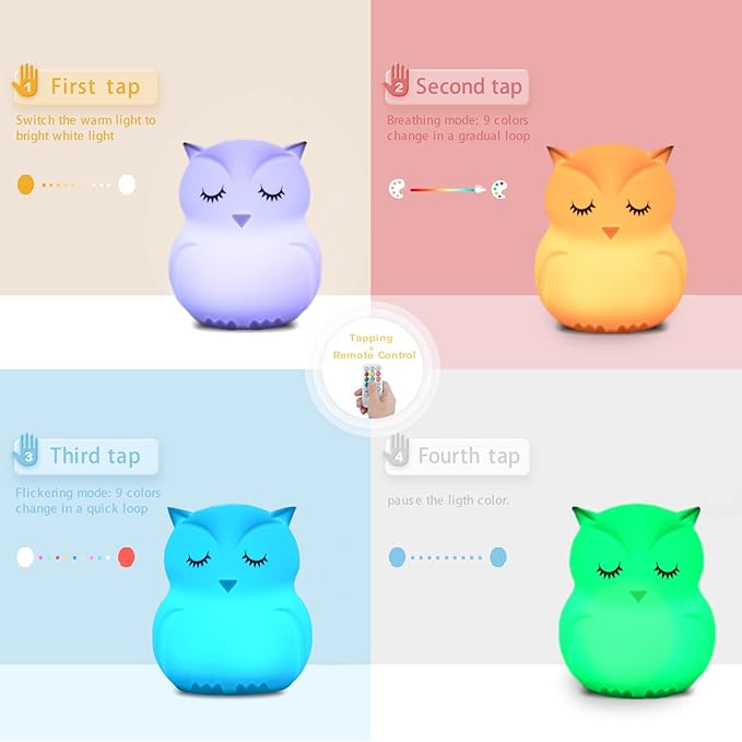 WHA&DARREN Owl Night Lights Kids, Silicone Light Bedside Lamp, Baby Nursery Light, Sleep Night-Light, Squishy Night Light for Kids Room, Animal Night Lights for Girls and Boys