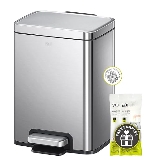 EKO Madison 6L / 1.6 Gal Bathroom Trash Can with Lid and Removable Inner Basket, Rectangular Small Step Trash Can, Brushed Stainless Steel