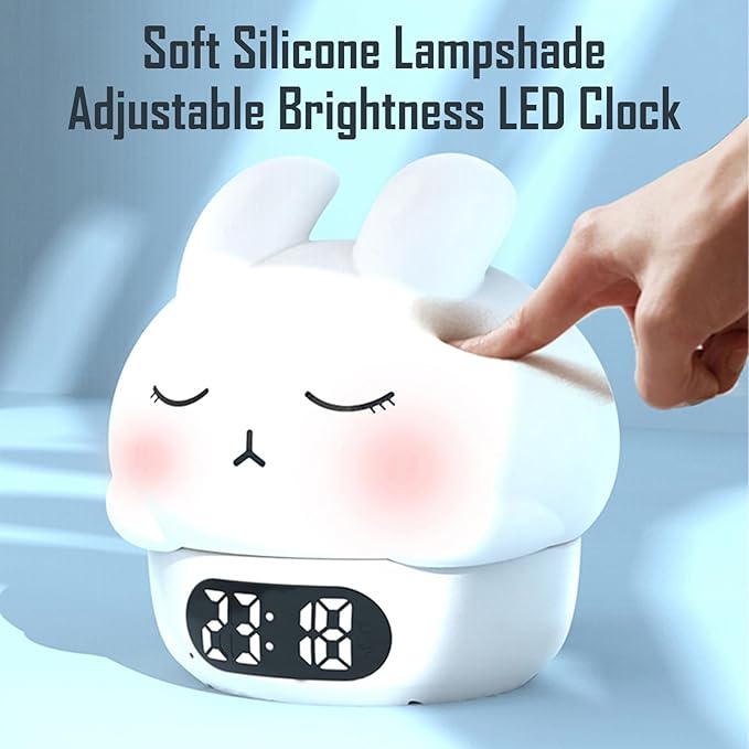 Cute Bunny RGB Rechargeable Night Light, Soft Silicone Lampshade, Adjustable Brightness LED Clock, Date, Alarm, Thermometer, Timer, Tap Control, Bedroom Lamp, Gift for Girl and Kid (White Bunny)