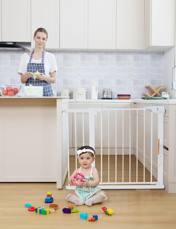 COMOMY 30" Tall Baby Gate for Stairs Doorways, Fits Openings 29.5" to 43.3" Wide, Auto Close Extra Wide Dog Gate for House, Pressure Mounted Easy Walk Through Pet Gate with Door, White