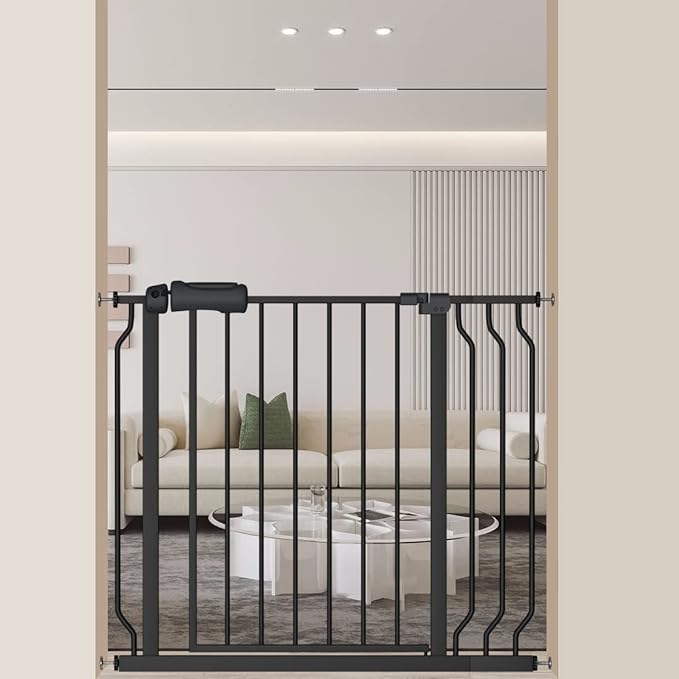 ALLAIBB Extra Wide Pressure Mounted Baby Gate Walk Through Child Kids Safety Toddler Tension White Long Large Pet Dog Gates with Extension for doorways Kitchen (33.86-38.58"/86-98cm, Black)