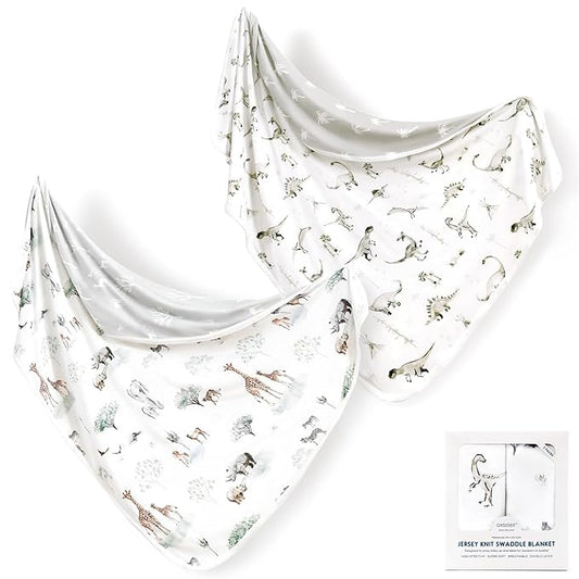 GRSSDER Baby Blankets Super Soft Stretchy Jersey Swaddle Blanket 2 Pack for Girls and Boys, Double Layer Reversible Receiving Blankets 34 x 44, Extra Large for Swaddling, Dinosaurs