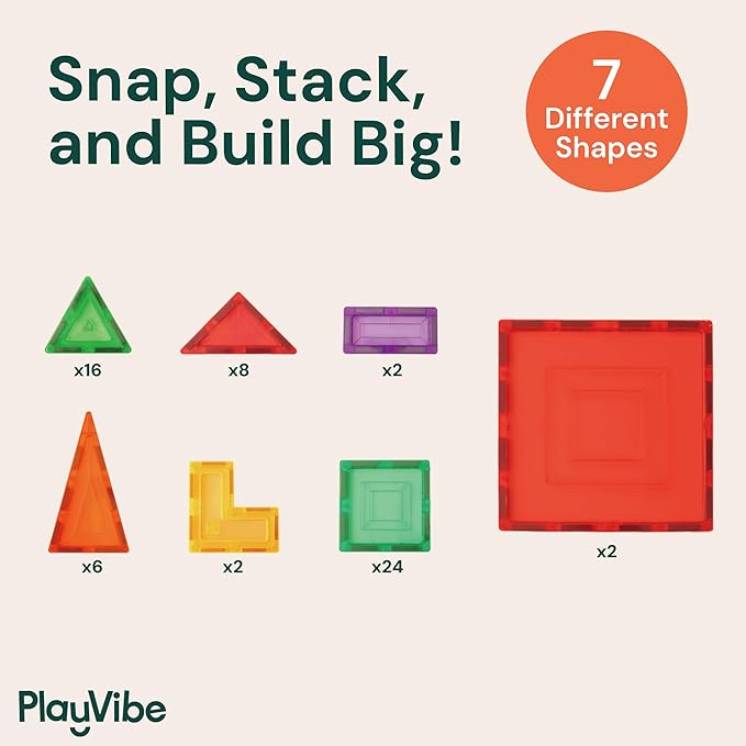 PLAYVIBE Magnetic Tiles - 60 Piece Set, Multicolor - Hands-On STEM Play & Stem Toys - Strong Magnets & Magnetic Tile Blocks - Sensory Toys & Car Creations