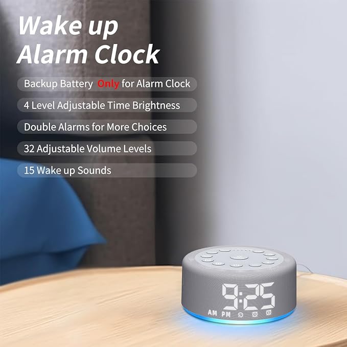Upgraded 【3 in 1】 White Noise Sound Machine Alarm Clock Night Light with Double Alarms Backup Battery 30 Sleeping Sounds for Baby Kids Adults 32 Level Volume 5 Timers Memory Function 15 Wake Up Sounds