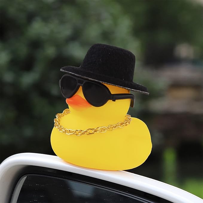 wonuu Car Rubber Duck, Yellow Duck Decoration Dashboard with Sun Hat Swim Ring Necklace Sunglasses for Car Dashboard Decorations