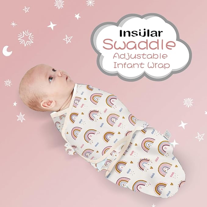 insular Baby Swaddle Wrap, Swaddle Blanket for Newborn and Infant, Adjustable Velcro Swaddling Set for Boy and Girl, Soft Cotton Baby Sleep Sack 3 Pack, Rainbow, Small(0-3 Month)