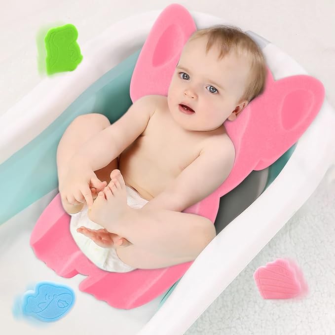 Soft Infant Bath Sponge Elephant Baby Bath Mat Newborn Comfy Foam Skid-Proof Cushion (Pink 1Set)