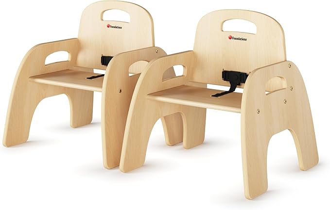 Foundations Simple Sitter Low Wood Feeding Chairs Multipack, Wide No-Tip Base, Adjustable Safety Harness, Stackable Wood Toddler Chairs with Food Service Grade Finish, 2 Pack (9 inch)