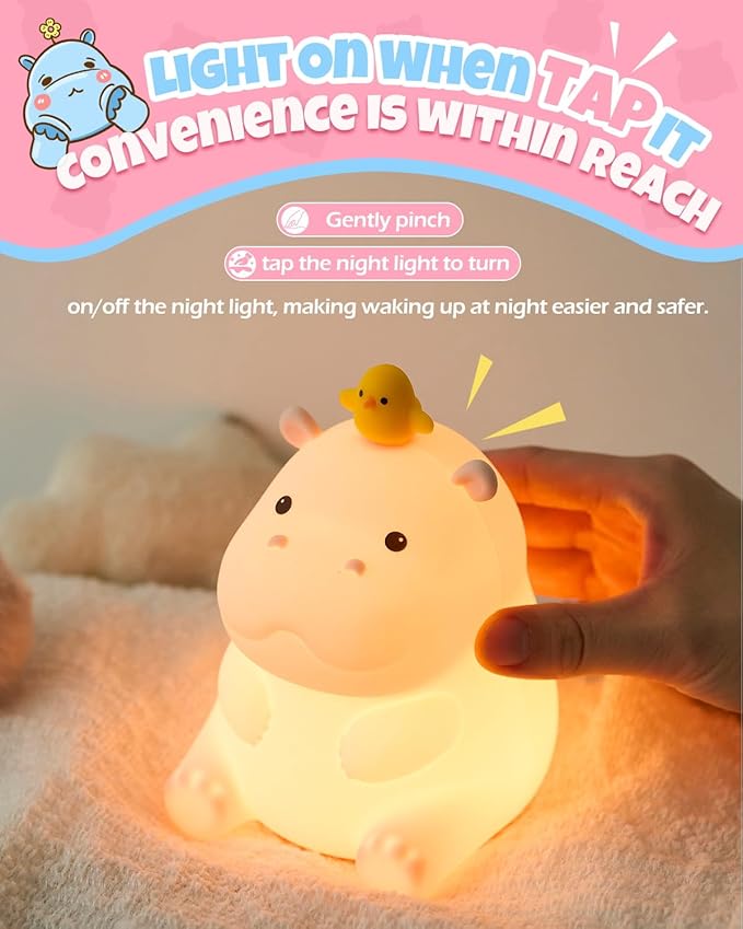 Cute Hippo Night Light, Animal Lamp, Food Grade Silicone, Rechargeable, 2 Level Dimmable, Squishy Nursery Nightlight for Desk Decor, Funny Gifts Stuff for Boys Girls Baby, White Elephant Gifts