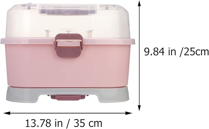 NUOBESTY Portable Baby Bottle Storage Organizer with Cover, Pink Milk Bottle Drying Rack Box for Home and Travel Use, 13.77 X 9.84 X 9.84 Inches