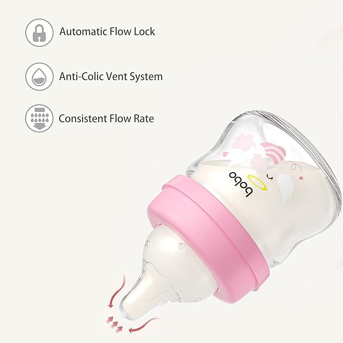 YOHKOH Glass Baby Bottles with Slow Flow Nipple, Newborn Anti-Colic Baby Bottles for 0+ Months, Wide Neck Feeding Bottle, Clear (Red, 2.7oz (Pack of 4))