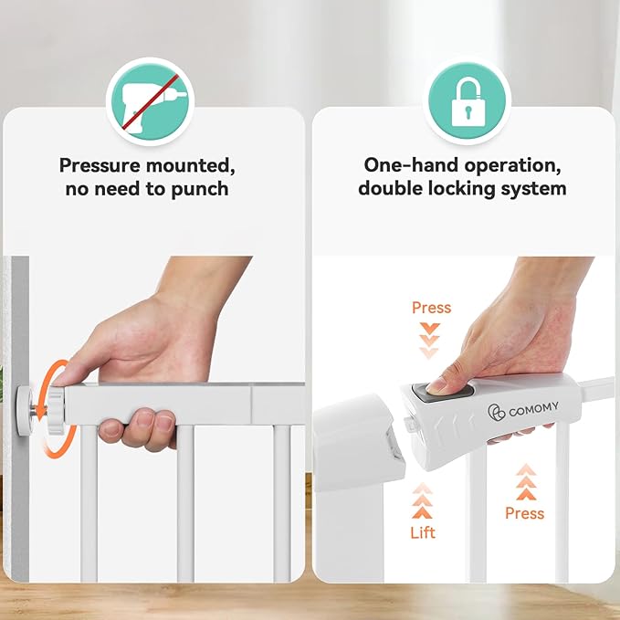 COMOMY 30" Tall Baby Gate for Stairs Doorways, Fits Openings 29.5" to 40.5" Wide, Auto Close Extra Wide Dog Gate for House, Pressure Mounted Easy Walk Through Pet Gate with Door, White