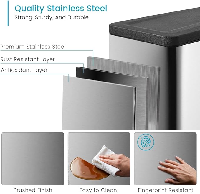 12 Gallon Trash Can with Lid，45L Kitchen Garbage Can,Stainless Steel Trash Can for Narrow Spaces with Soft-Close Lid, Inner Bucket, and Step-on Pedal