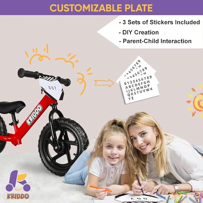 KRIDDO Toddler Balance Bike 2 Year Old, Age 18 Months to 5 Years Old, 12 Inch Push Bicycle with Customize Plate (3 Sets of Stickers Included), Steady Balancing, Gift Bike for 2-3 Boys Girls, Red
