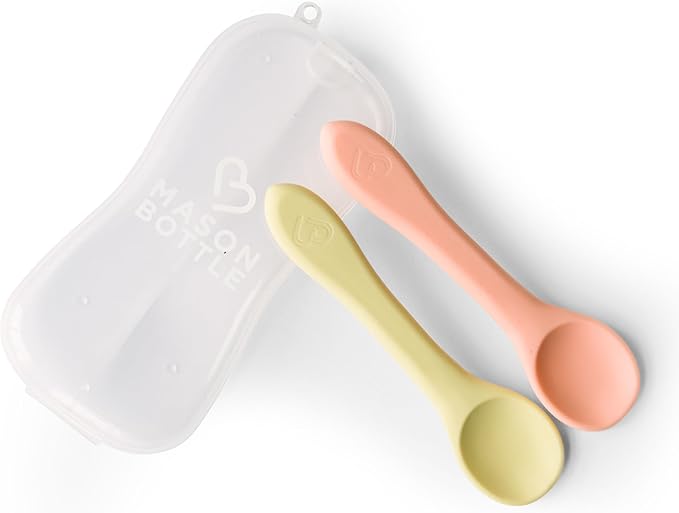 Mason Bottle Silicone Baby Spoons (2-Pack) – BPA-Free Feeding Utensils for Babies 6–12 Months – Puree Spoons with Case, Non-Toxic, Dishwasher Safe (Buttercup & Harbor)