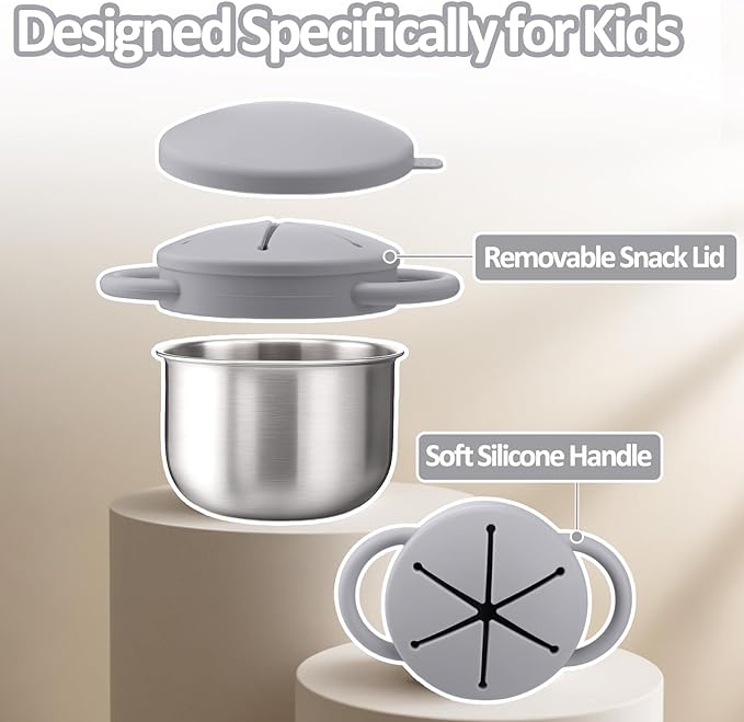 BUSOHA 2 Pack Stainless Steel Toddler Snack Cups - 9 OZ Snack Cups for Toddlers Spill Proof with Catcher and Lid Travel Snack Containers for Kids Food Grade Silicone Dishwasher Safe