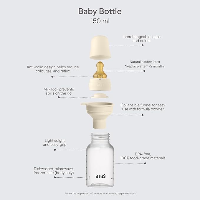 BIBS Baby Bottle 5 oz / 150 ml Natural Rubber Latex Nipple - Anti-Colic, BPA-Free, Round Nipple, Slow Flow, Lightweight & Easy to Clean, Suitable for Newborns 0+ Years - Ivory
