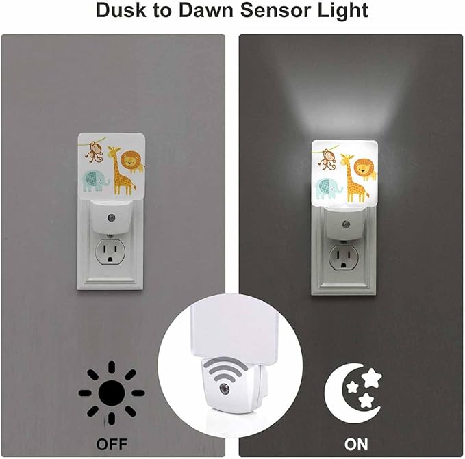LED Night Light,Cute Jungle Animal LED Night Light Plug into Wall with Dusk to Dawn Light Sensor White Energy Efficient Nightlight for Bedroom Bathroom Hallway Living Room Kitchen