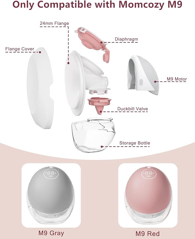 2 Pack Full Breast Pump Kits Compatible with Momcozy Upgraded Mobile Flow M9, Upgraded M9 Full Set Parts Including 24mm FlnageX2, Red ValveX2, Red DiaphragmX2, ContainerX2, 2 Set-red Overall