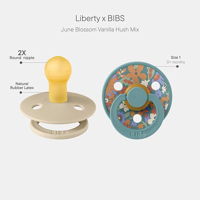 BIBS Colour Liberty Soother 2-Pack, BPA Free Dummy Pacifier, Round Nipple. Natural Rubber Latex, Made in Denmark, Size 1 (0-6 Months), June Blossom Vanilla Hush Mix