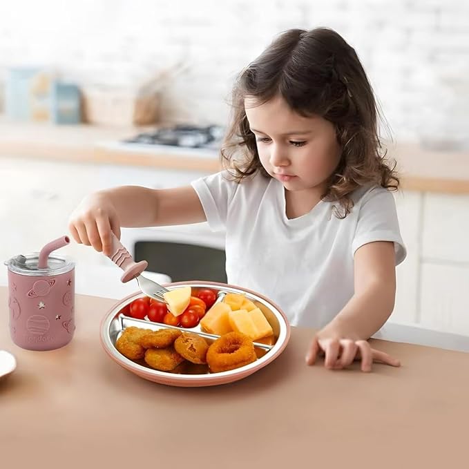 PandaEar Stainless Steel Baby Feeding Set | 2 Divided Suction Plates, 2 Spill-Proof Straw Cups with Silicone Sleeves, 2 Forks & 2 Spoons | Toddler Utensils for Baby Led Weaning, BPA-Free