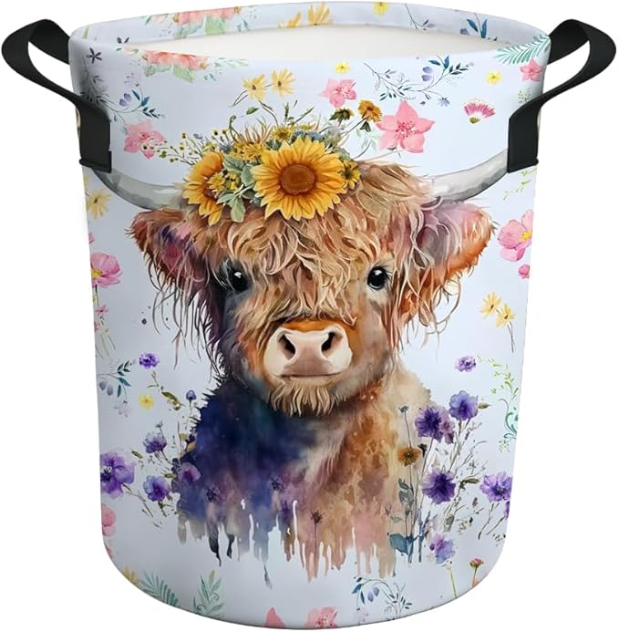 Highland Cow Laundry Basket Gifts for Girls, Girls' Room Decor Baby Nursery Hamper Highland Cow Room Decor 17.7x13.7 Inch
