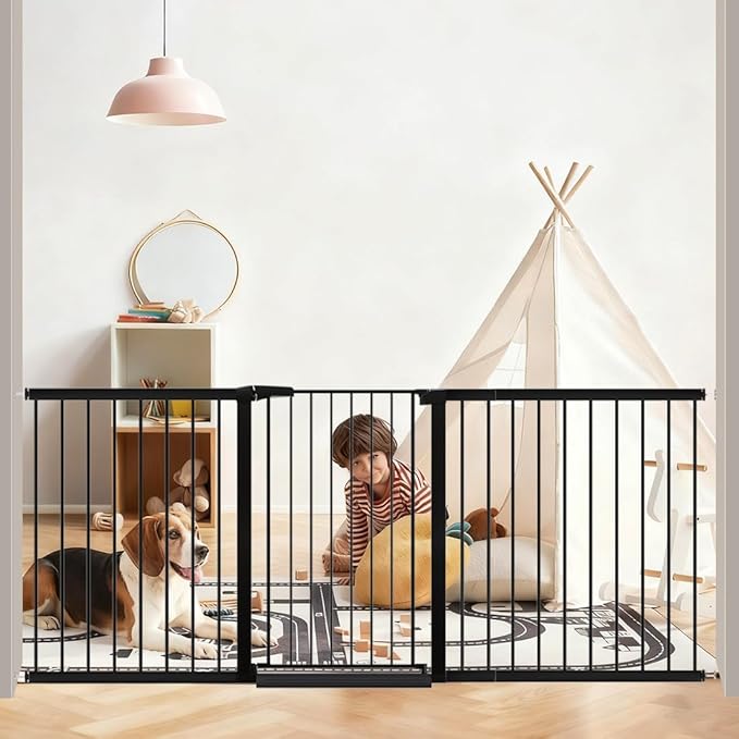 Fairy Baby 38" Extra Tall Baby Gate for Doorways, 76.4"-81.8" Extra Wide Long Dog Gate Indoor for House Stairs, Metal Pressure Mounted Walk Through Swing Safety Gate for Kids Pets, Black