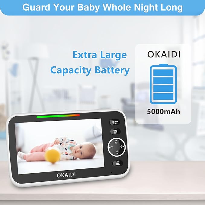 OKAIDI 5" HD Baby Monitor with Camera and Audio, 720P Display, 5000mAh Battery, Remote Pan-Tilt, 3X Zoom, Night Vision, 2-Way Talk, Temperature,Lullabies,1000ft Range Baby Monitor No WiFi
