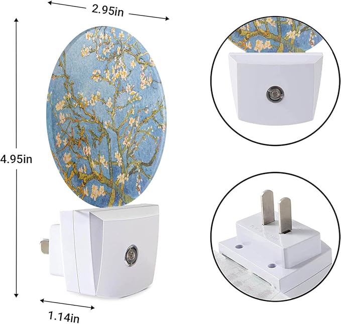 EKOBLA Almond Tree Blooming Night Light - Van Gogh Floral Painting LED Plug-in Nightlights with Dusk to Dawn Sensor, 0.5W Sleep-Friendly Lighting for Bedroom & Living Room (White & Blue)