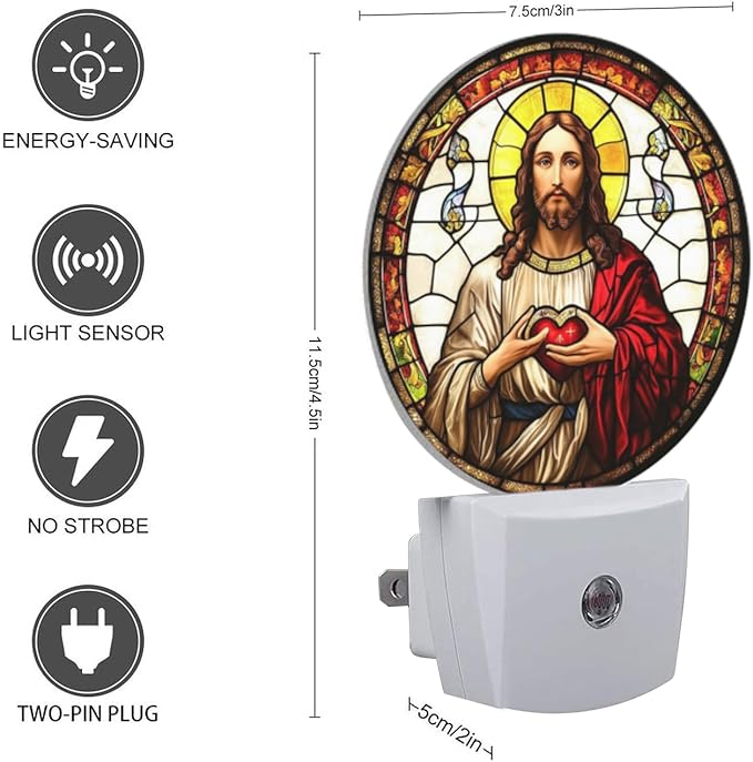 Round LED Night Lights Lamp with Dusk to Dawn Sensor, Jesus Christ with Sacred Heart in Hands Night Light Plug Into Wall for Kids Room, Bedroom, Bathroom, Kitchen, Hallway