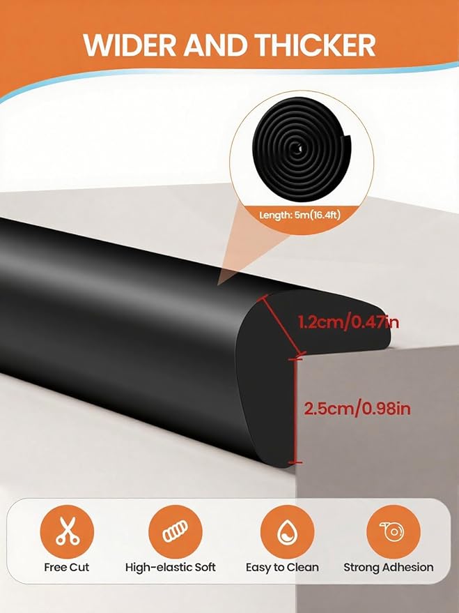 Baby Proof Edge Corner Protector, 16.4FT 0.47''Th L-Shape Furniture Corner & Edge Safety Bumpers with 10 Corners, Pre-Taped, Soft NBR Rubber Foam Desk Edge Cushion Wall Corner Protector (Black)