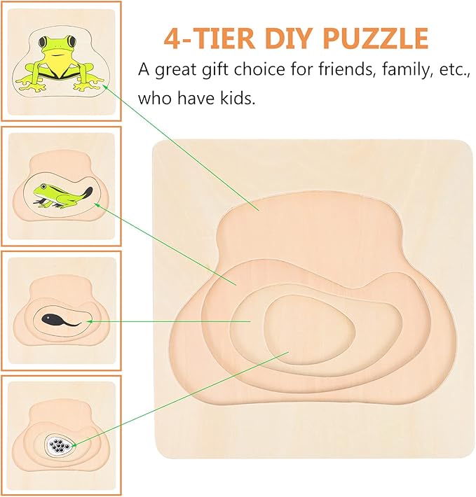 Wooden Multi Layered Puzzles, Life Cycle of Frog, Cartoon Montessori Toy DIY Puzzle Early Educational Toy Preschool Learning Game for Boys & Girls 3 Years and Above