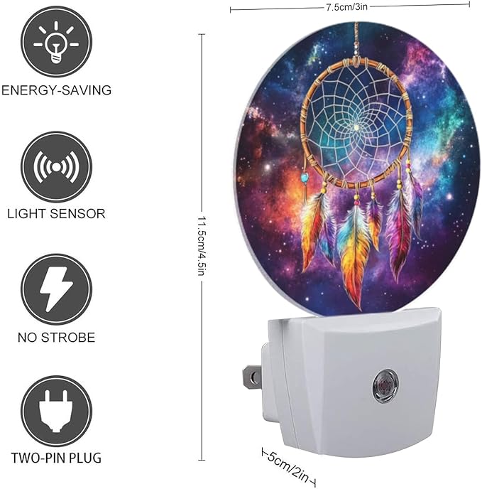 Round LED Night Lights Lamp with Dusk to Dawn Sensor, Colorful Dreamcatcher with Feathers in The Center Night Light Plug Into Wall for Kids Room, Bedroom, Bathroom, Kitchen, Hallway