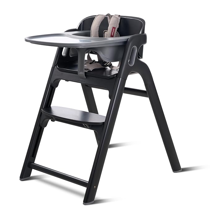 Momcozy DinerPal Wooden High Chair for Babies, Toddlers & Adults Up to 308 Lbs, Convertible Baby Highchair with Food-Grade Tray, Dishwasher-Safe, Adjustable & Ergonomic, Midnight Black